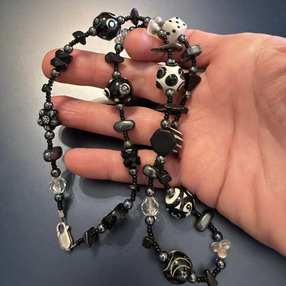 Hand Blown Lampwork Black White Art Glass Beaded Necklace - Picture 5 of 7